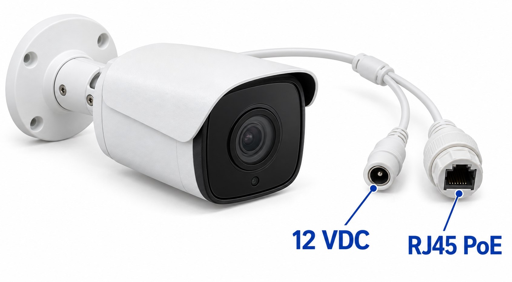 Câmera IP completa com chicote e conectores identificados: entrada auxiliar 12 VDC e porta RJ45 PoE