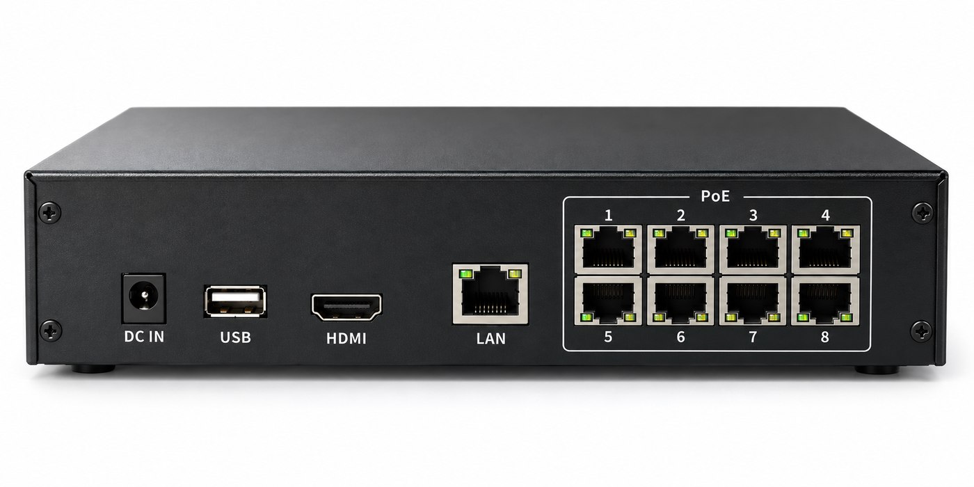 NVR ilustrativo com oito portas PoE numeradas, porta LAN separada, HDMI, USB e alimentação DC IN