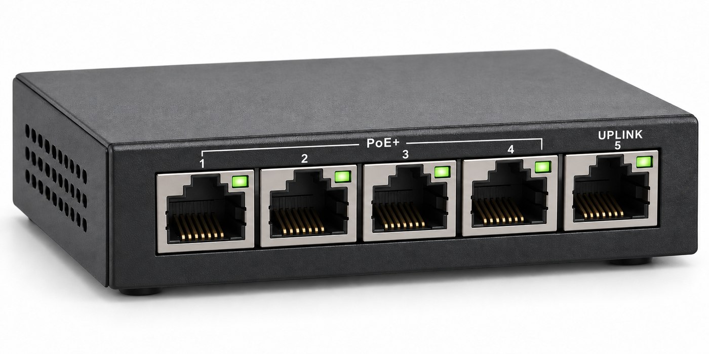 Switch PoE ilustrativo com portas numeradas, grupo PoE+ e uplink identificados