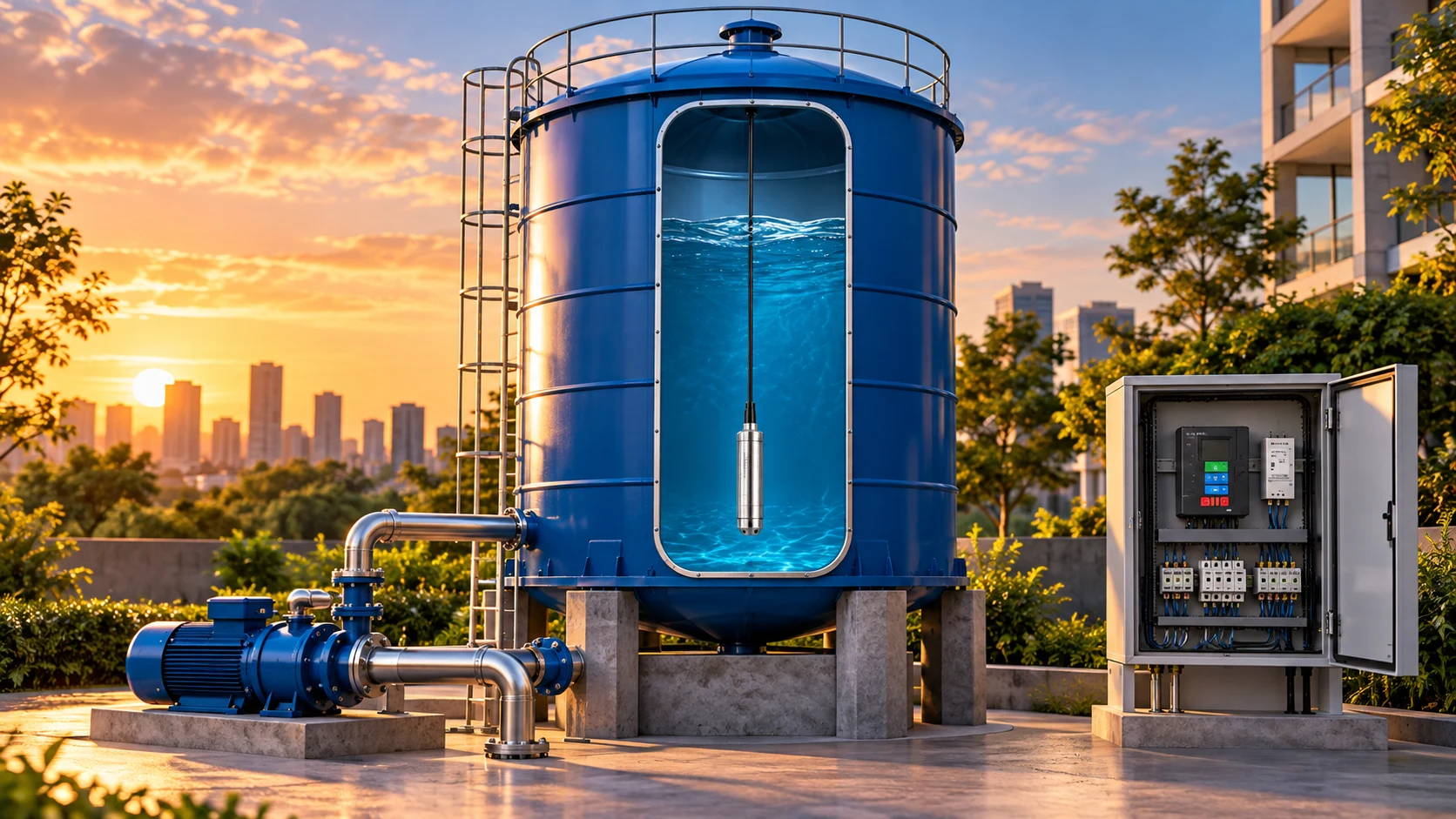 Ilustração de reservatório com sonda hidrostática submersa, bomba e painel de controle separado